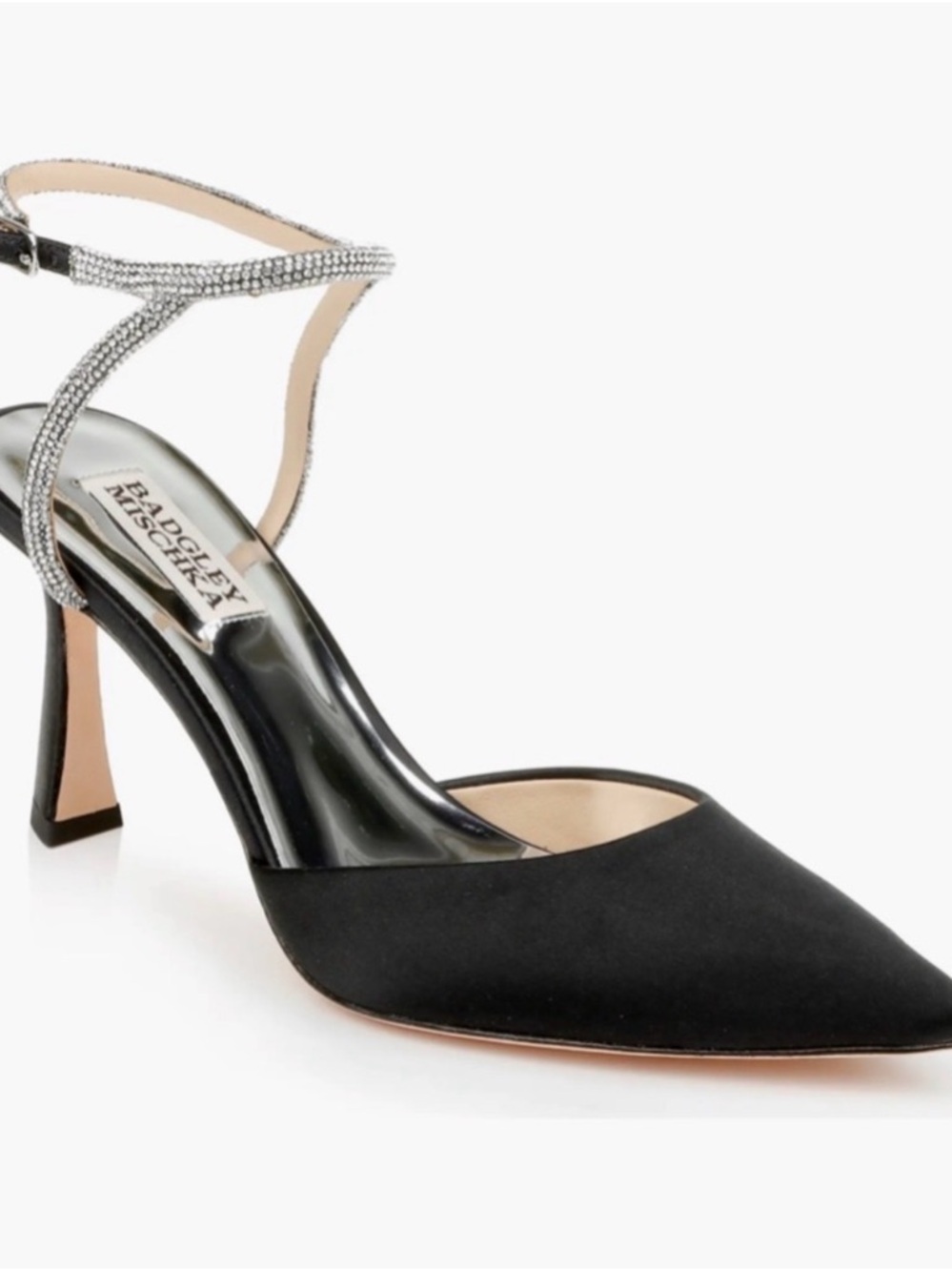 Badgley Mischka Kamilah Pointed Ankle Strap High Heel Sandals Black Satin